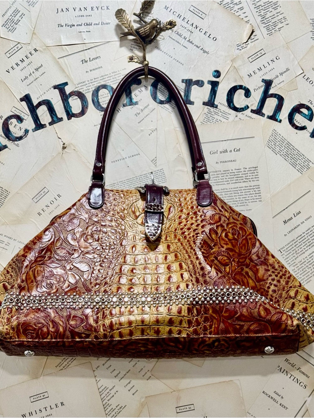 Vintage B.B.Simon Raviani Weekender Tote Croc Embossed Leather Crystal Swarovski
